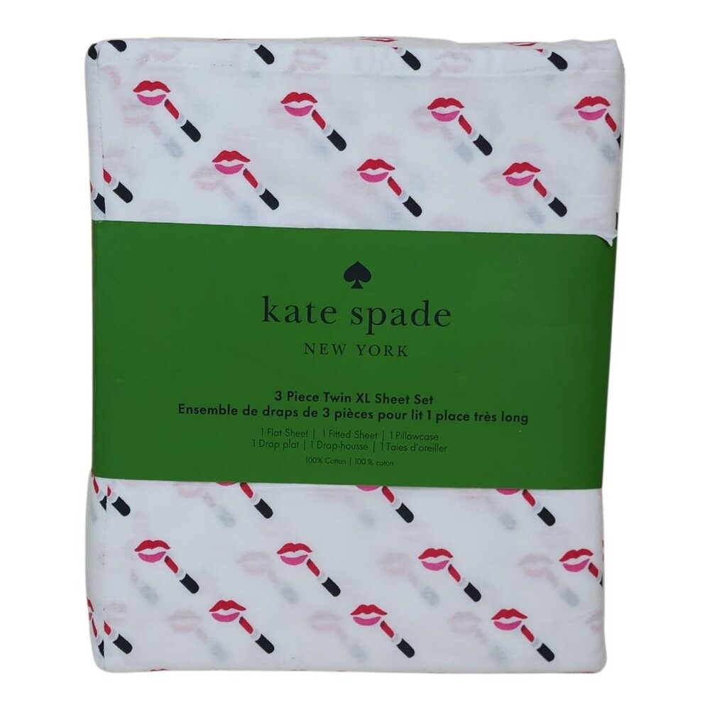 3-pc Kate Spade Twin XL RED LIPSTICK Sheet Set 100% Cotton LIPS